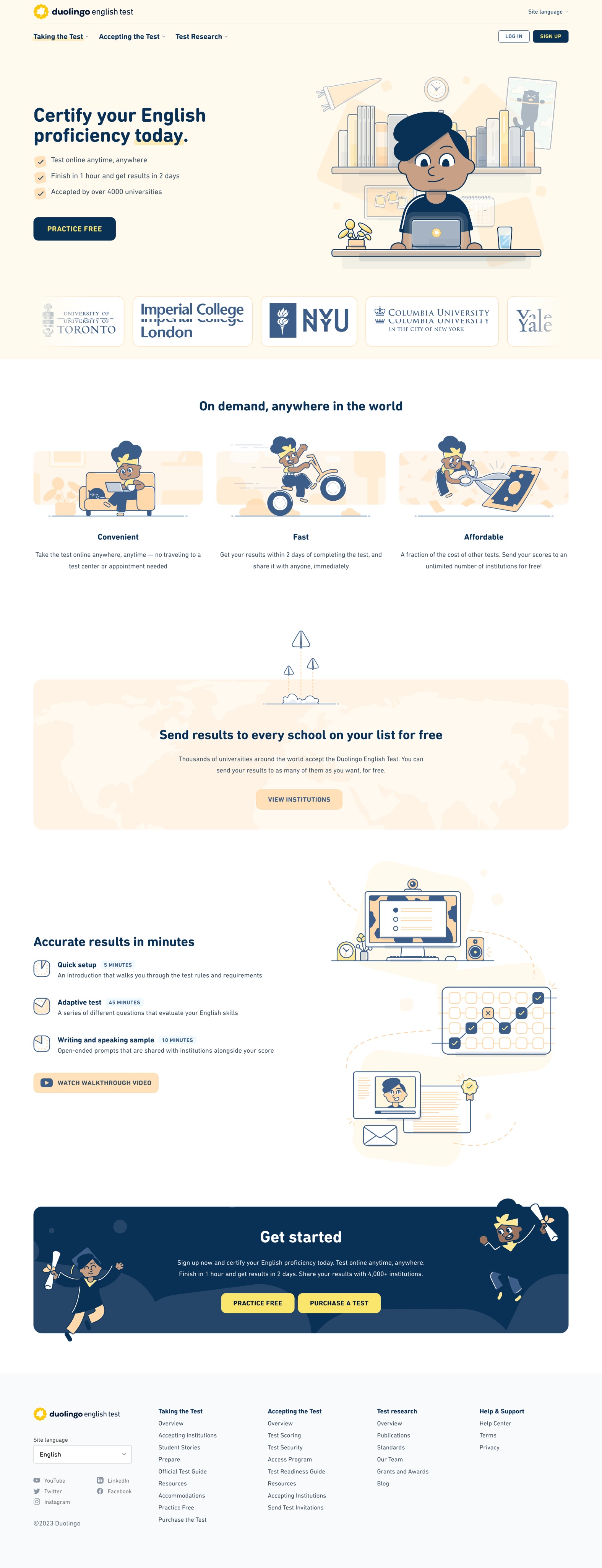 Full-page capture of the Duolingo English Test home page with a cream hero, benefit cards, navy call-out band, and test breakdown.